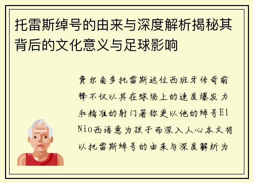 托雷斯绰号的由来与深度解析揭秘其背后的文化意义与足球影响 托雷斯绰号的由来与深度解析揭秘其背后的文化意义与足球影响